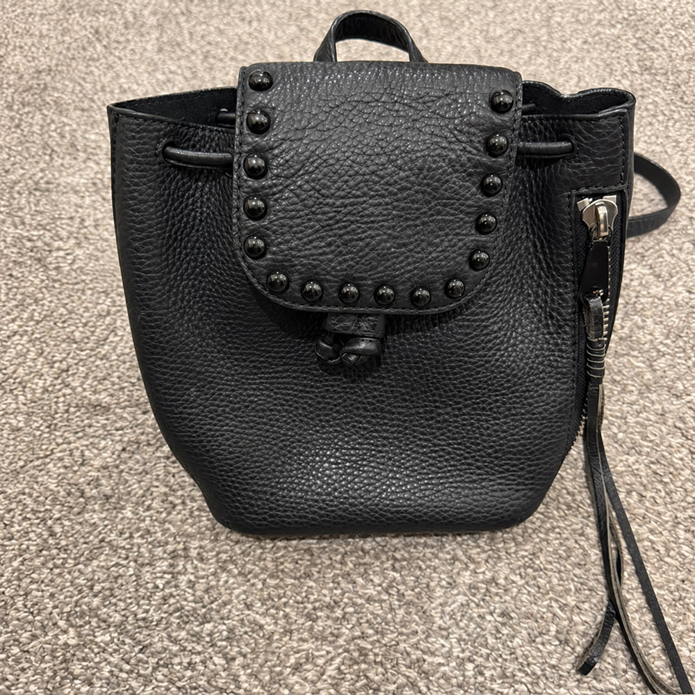Rebecca Minkoff Black Pebbled Leather Studded Backpack Drawstring Moto Rocker